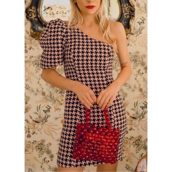 Majorelle Revolve Kirsten One Shoulder Mini Dress in Pink Houndstooth Size M - Picture 1 of 8